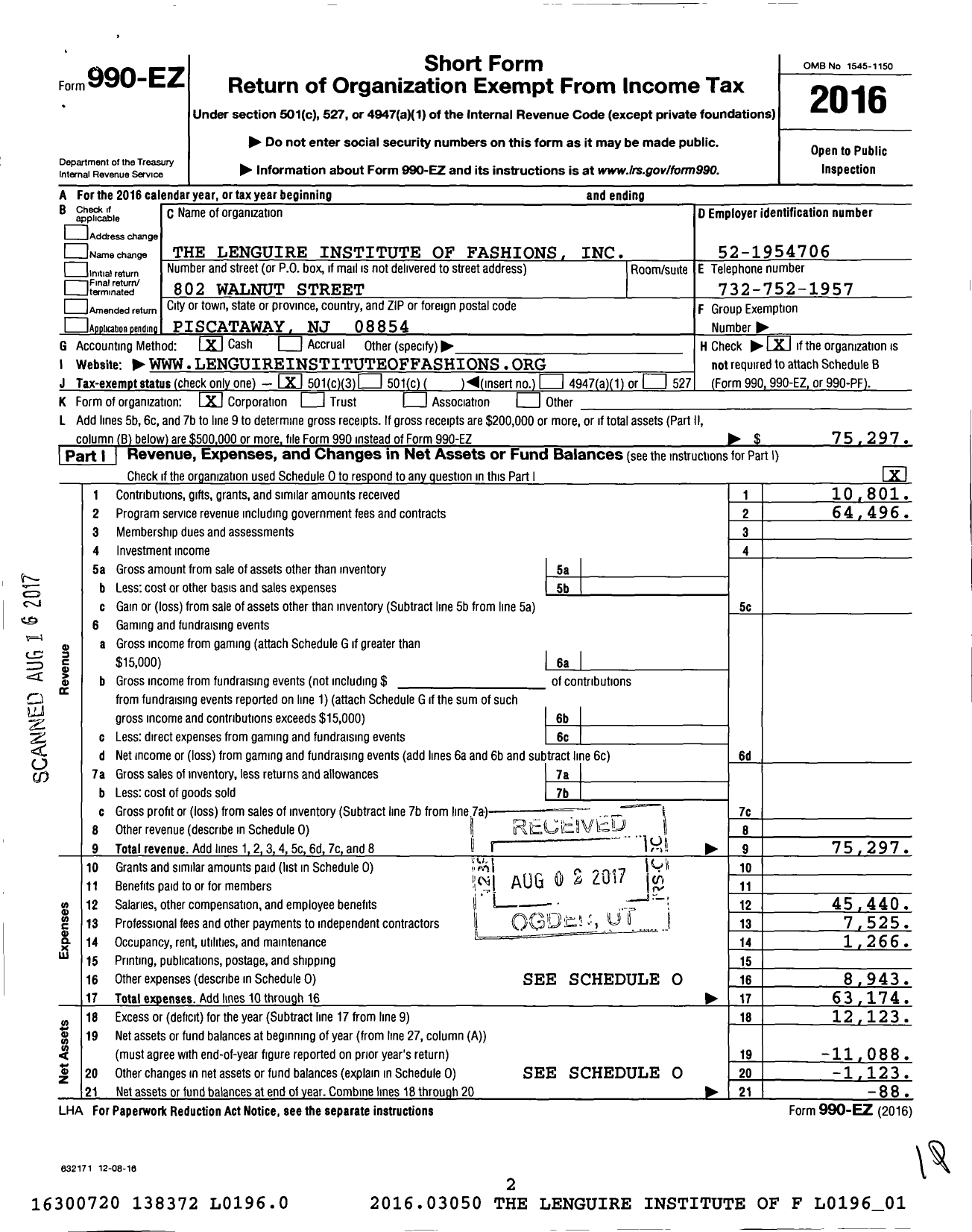 Image of first page of 2016 Form 990EZ for Len Guire School of Fashion