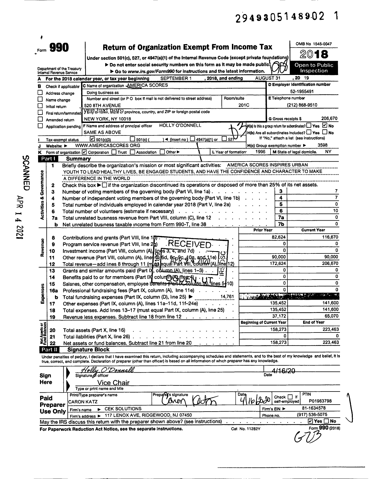 Image of first page of 2018 Form 990 for America Scores