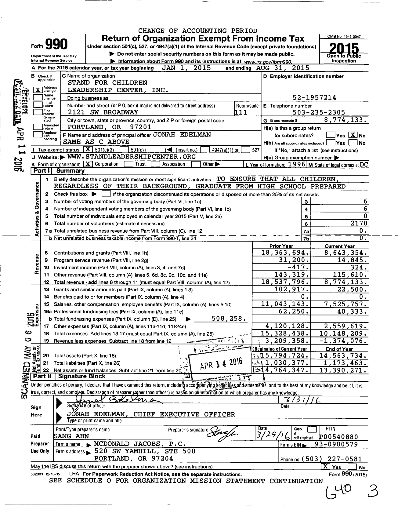 Image of first page of 2014 Form 990 for Stand for Children Leadership Center (SCLC)