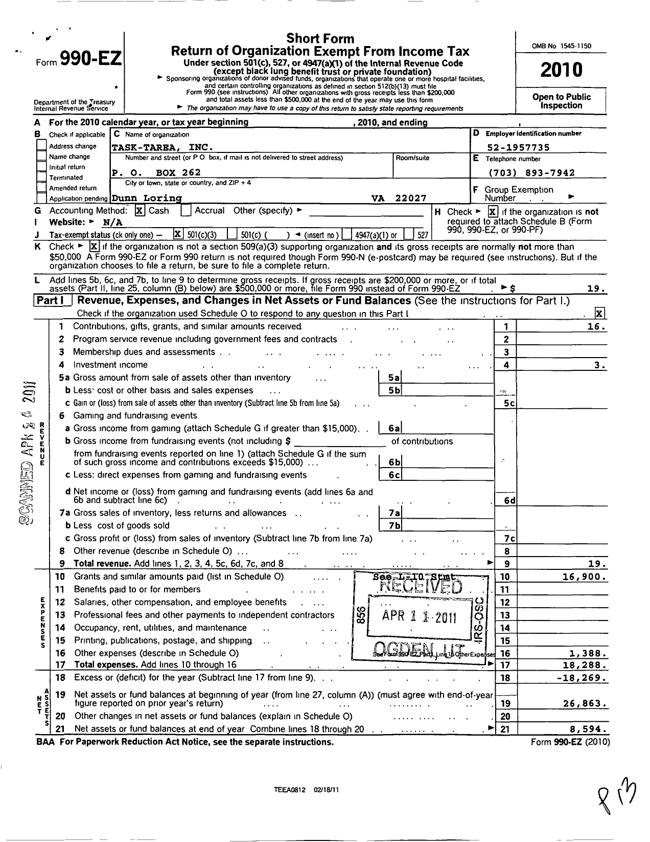 Image of first page of 2010 Form 990EZ for Task-Tarea