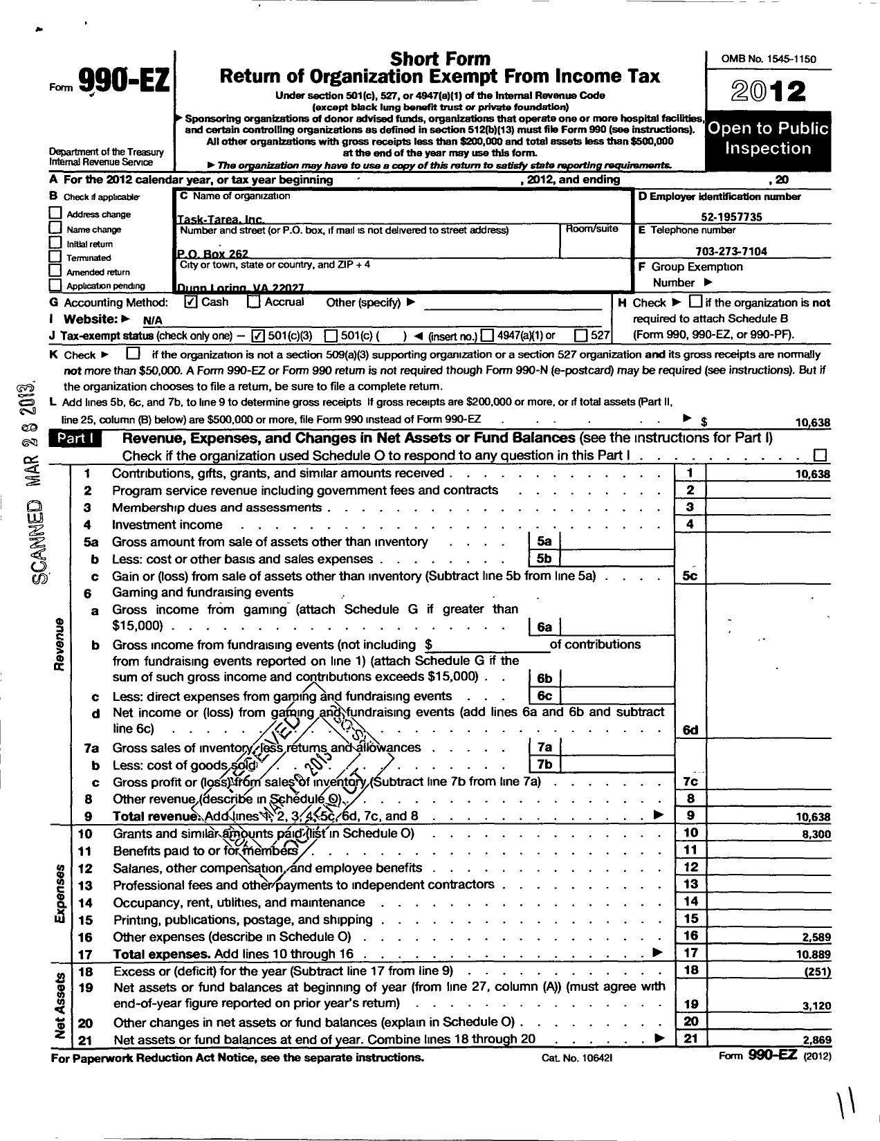 Image of first page of 2012 Form 990EZ for Task-Tarea