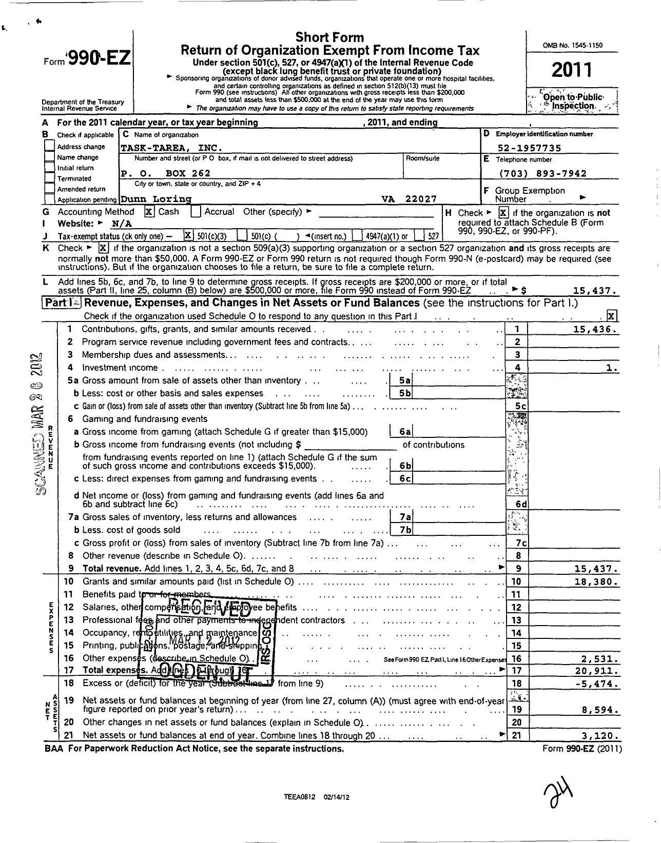 Image of first page of 2011 Form 990EZ for Task-Tarea