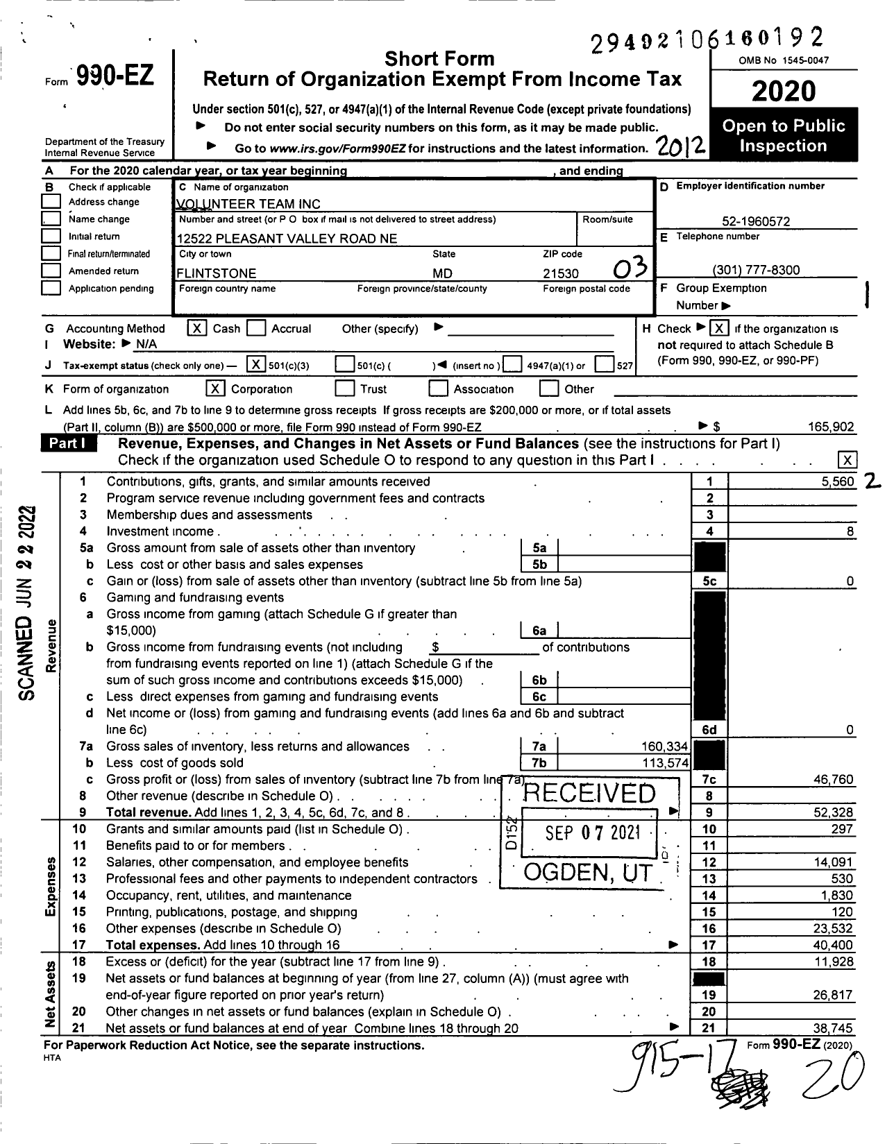 Image of first page of 2020 Form 990EZ for Volunteer Team