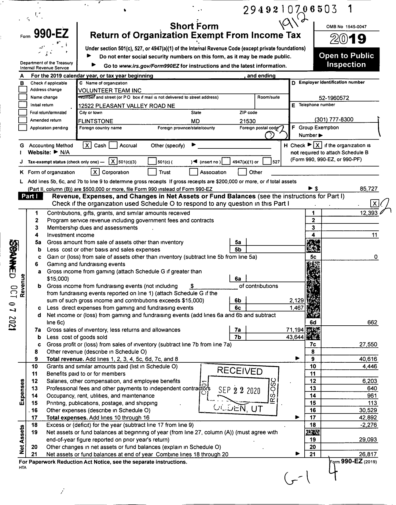 Image of first page of 2019 Form 990EZ for Volunteer Team