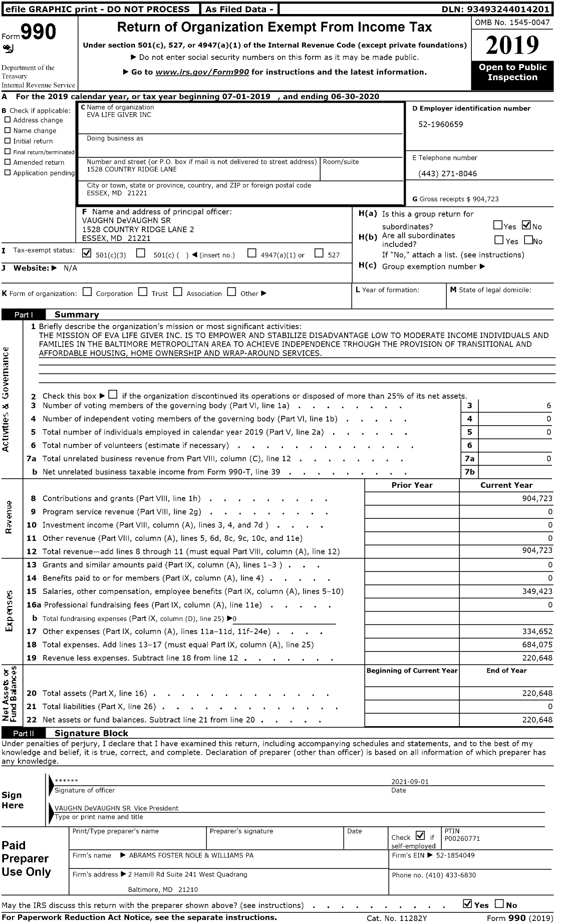 Image of first page of 2019 Form 990 for Eva Life Giver