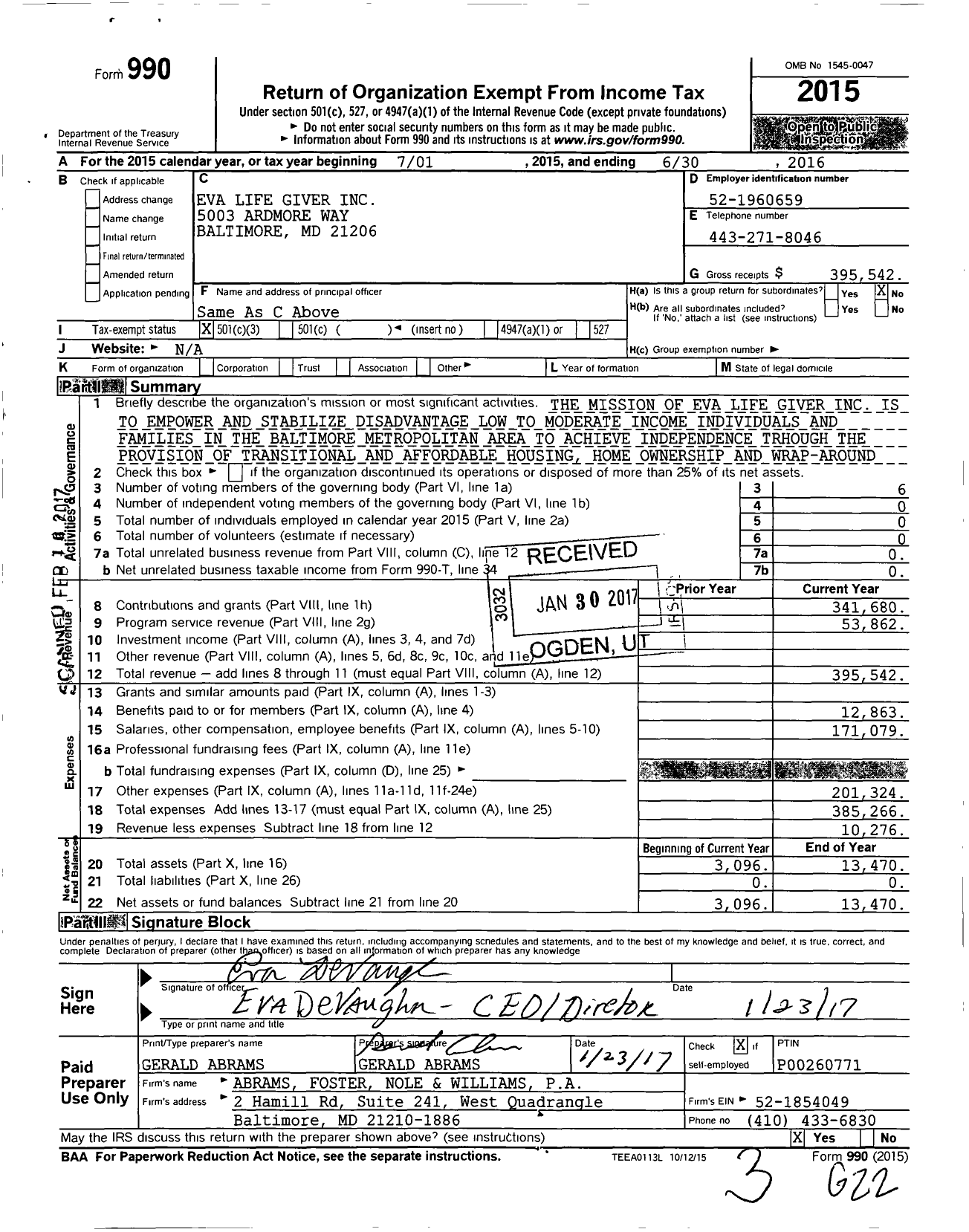 Image of first page of 2015 Form 990 for Eva Life Giver
