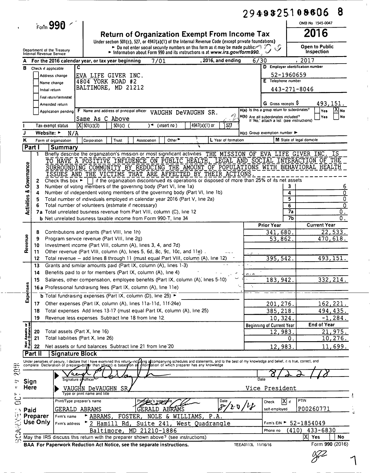 Image of first page of 2016 Form 990 for Eva Life Giver