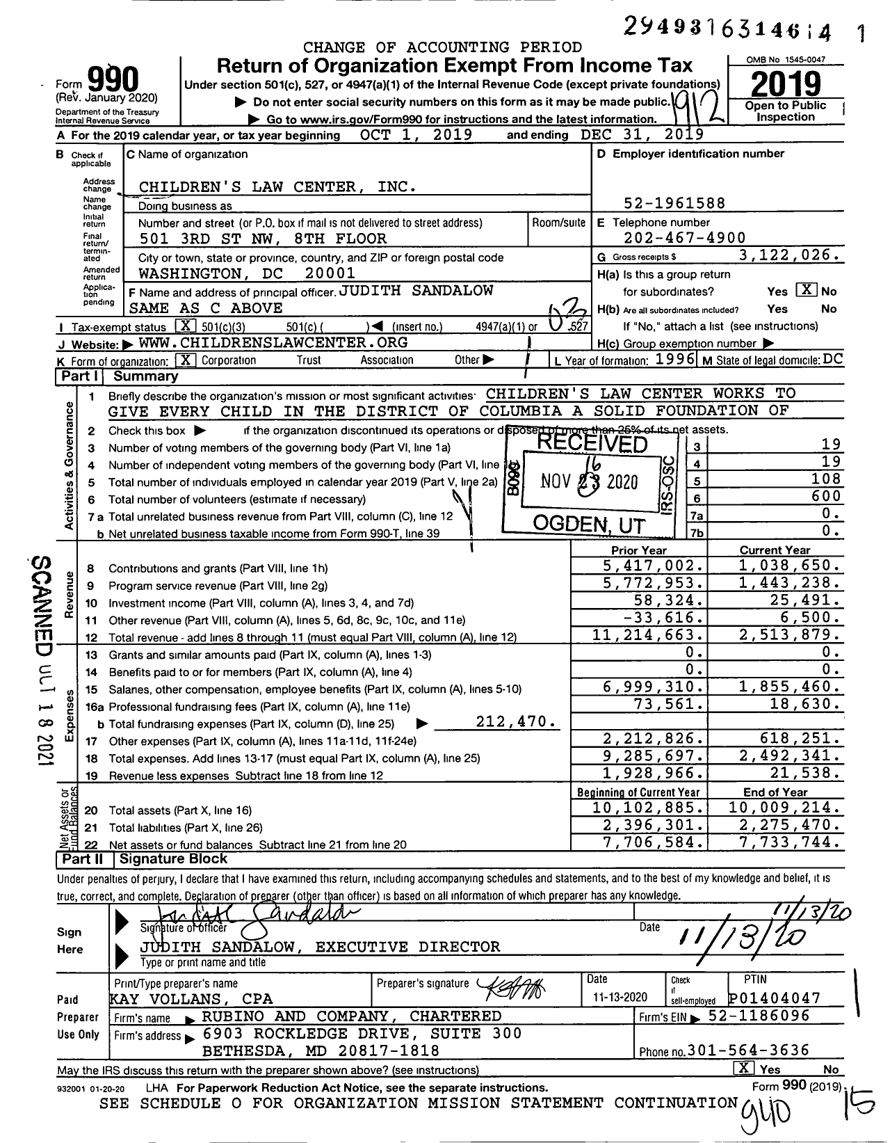 Image of first page of 2019 Form 990 for Children's Law Center
