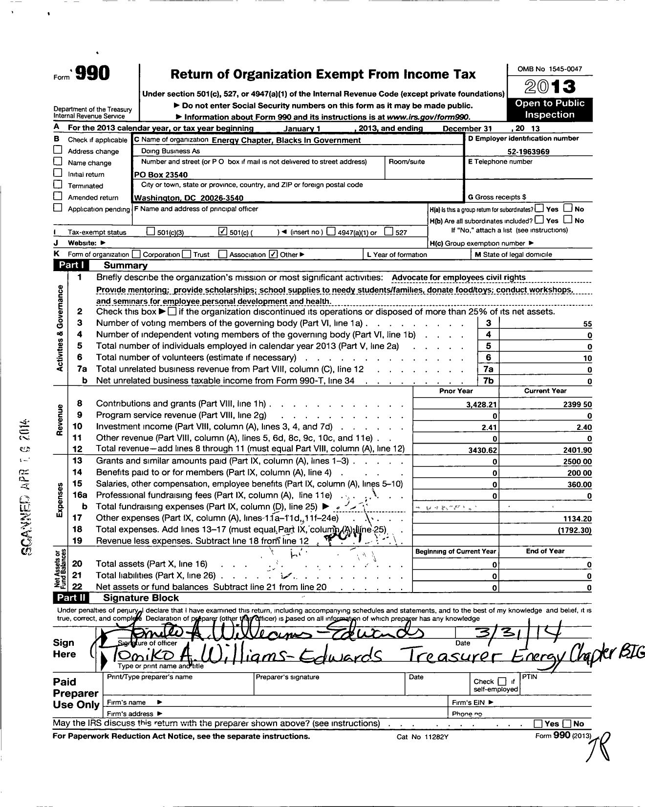 Image of first page of 2013 Form 990O for Blacks in Government / Energy Chapter Blacks in Government