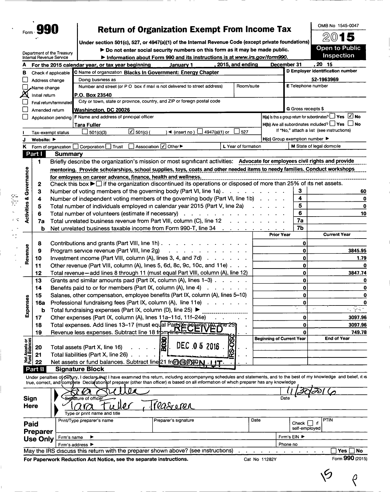 Image of first page of 2015 Form 990O for Blacks in Government / Energy Chapter Blacks in Government