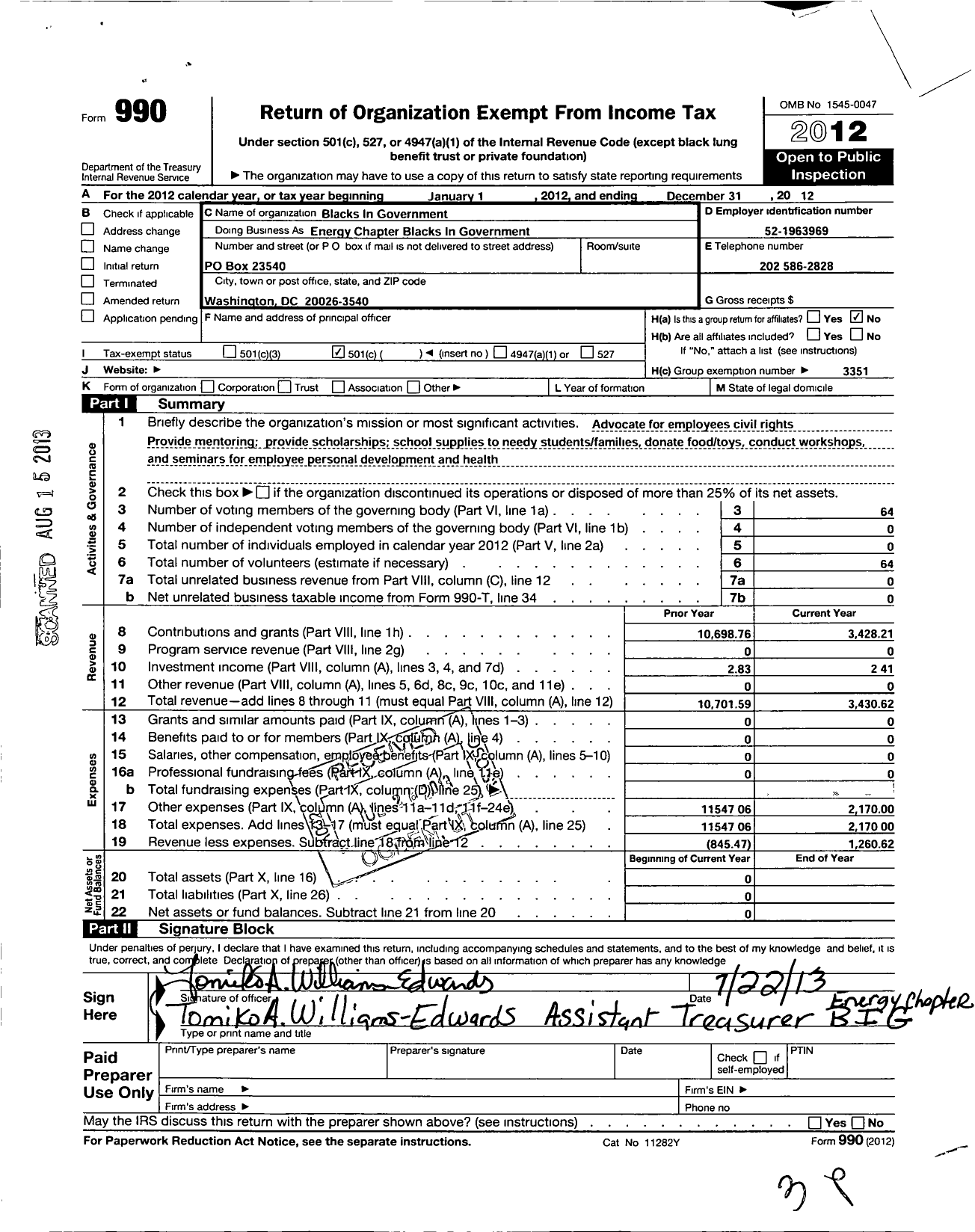 Image of first page of 2012 Form 990O for Blacks in Government / Energy Chapter Blacks in Government