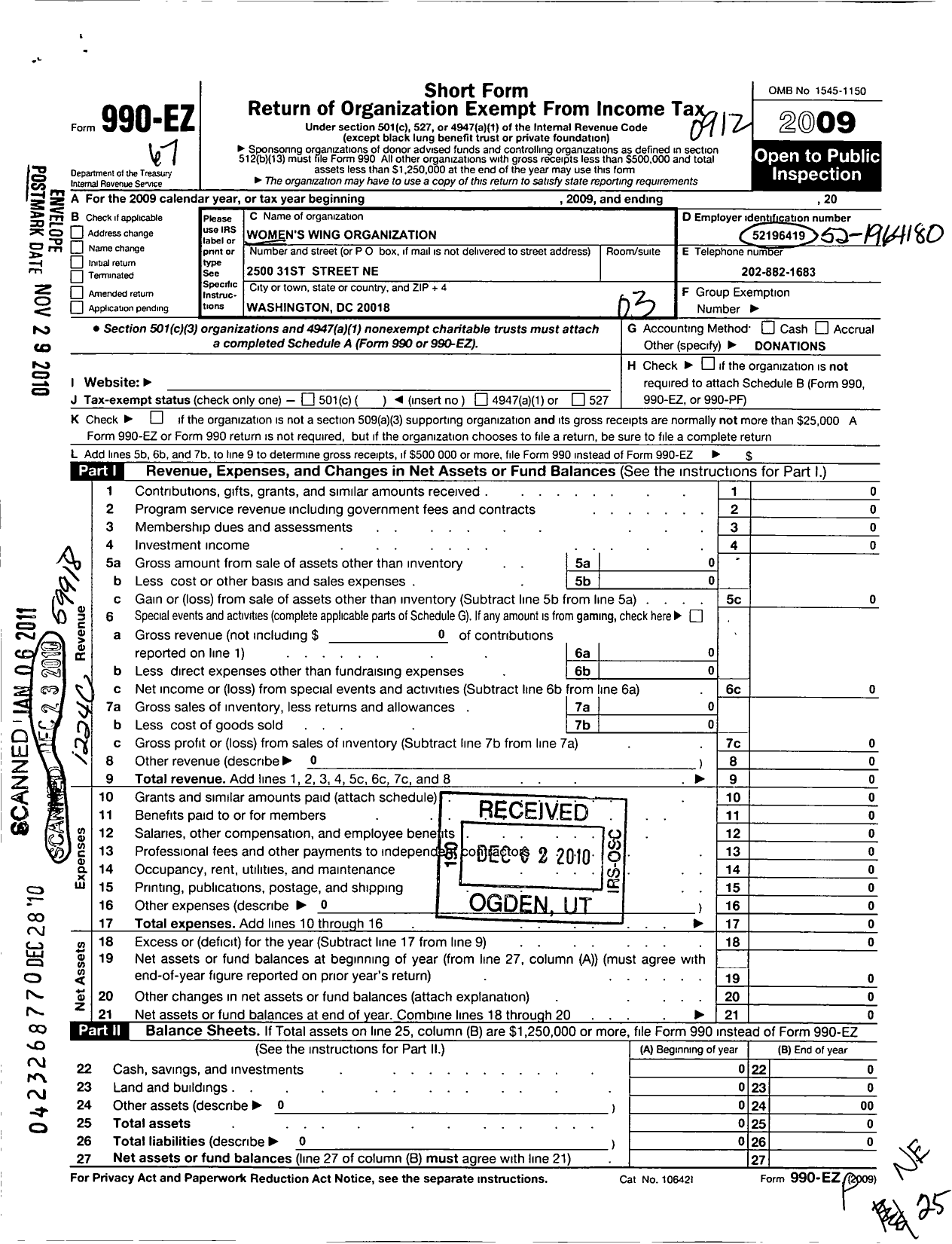 Image of first page of 2009 Form 990EZ for Womens Wing Organization