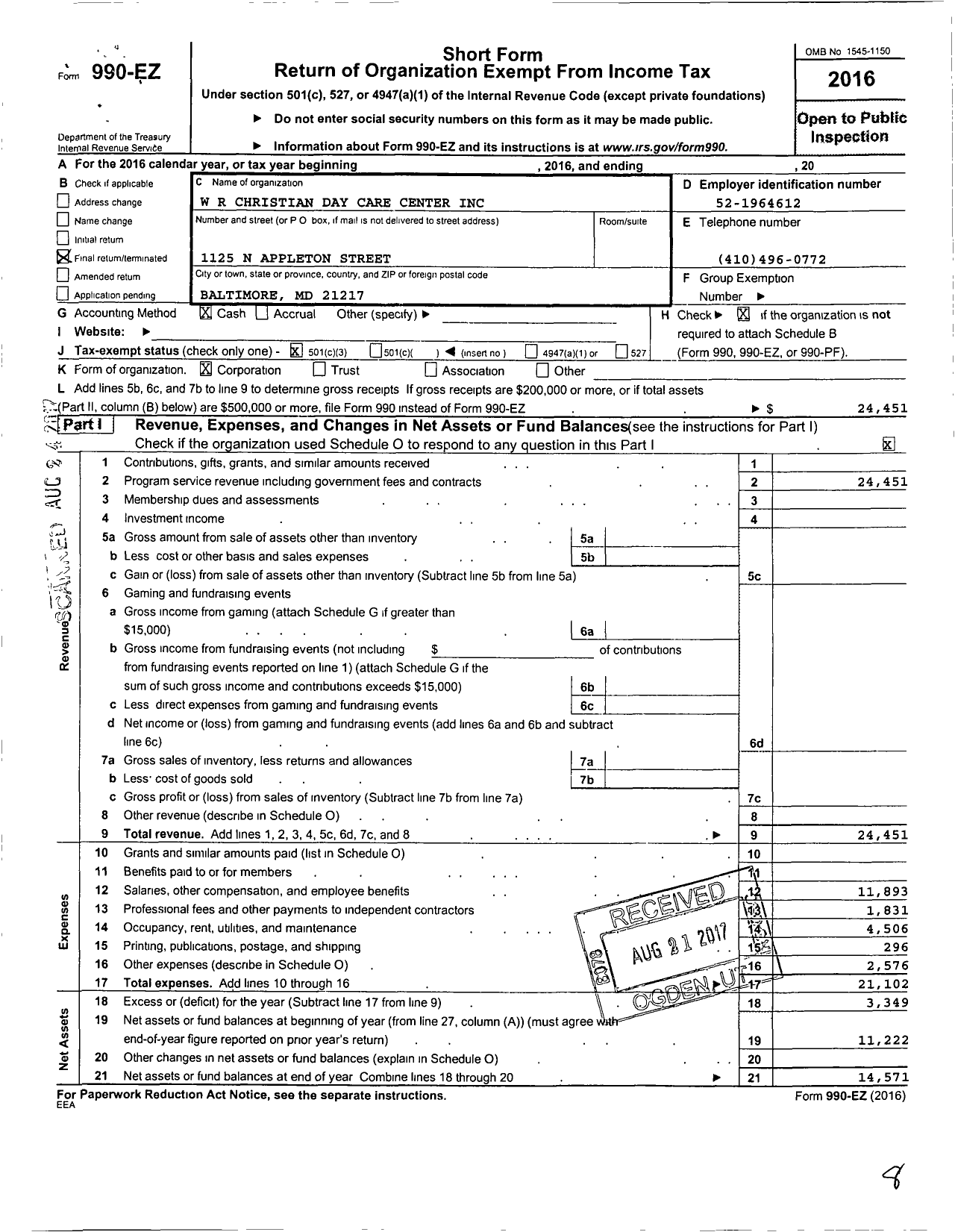 Image of first page of 2016 Form 990EZ for W R Christian Day Care Center