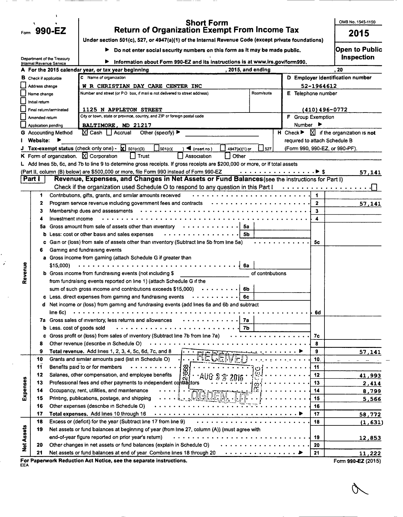 Image of first page of 2015 Form 990EZ for W R Christian Day Care Center