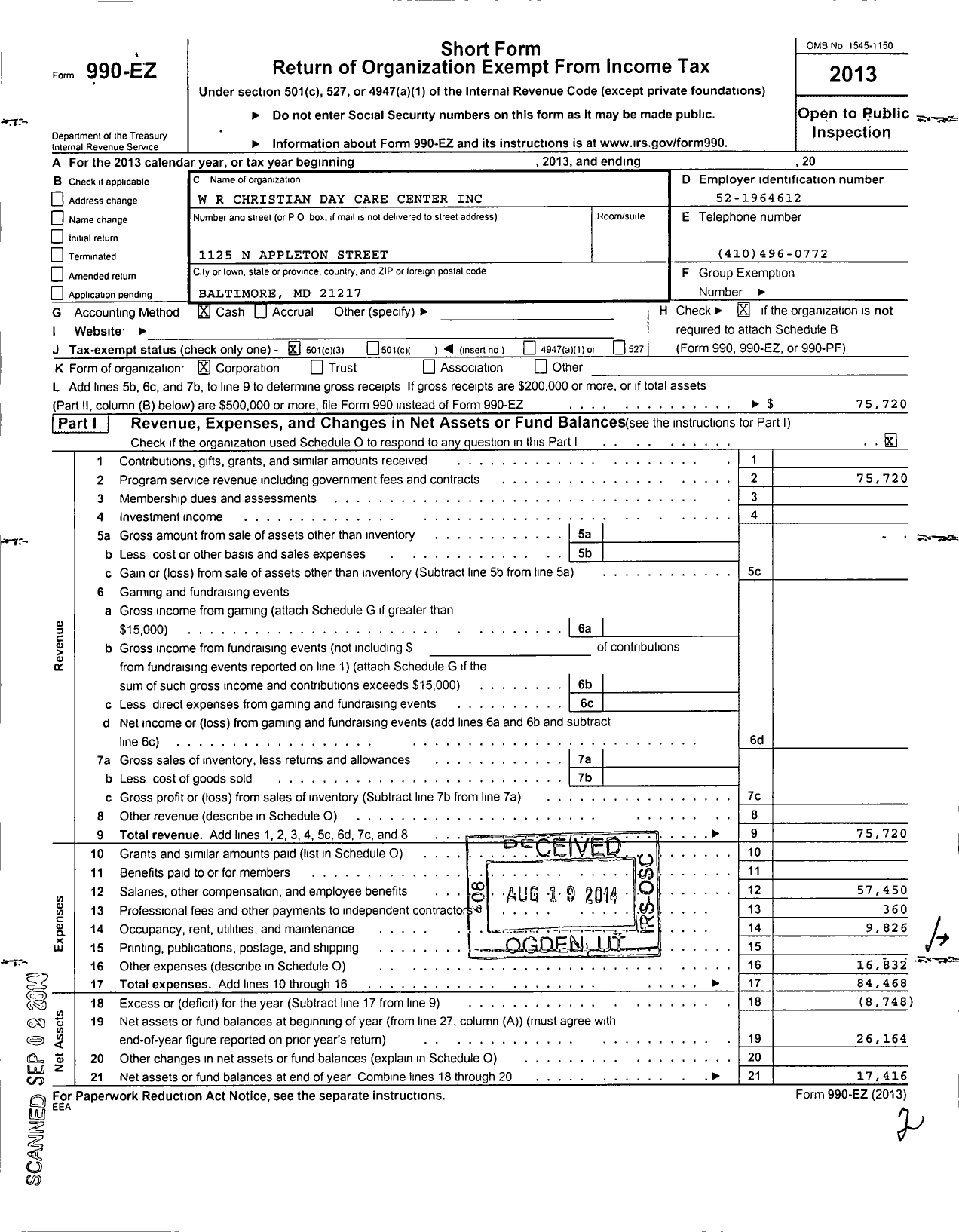 Image of first page of 2013 Form 990EZ for W R Christian Day Care Center