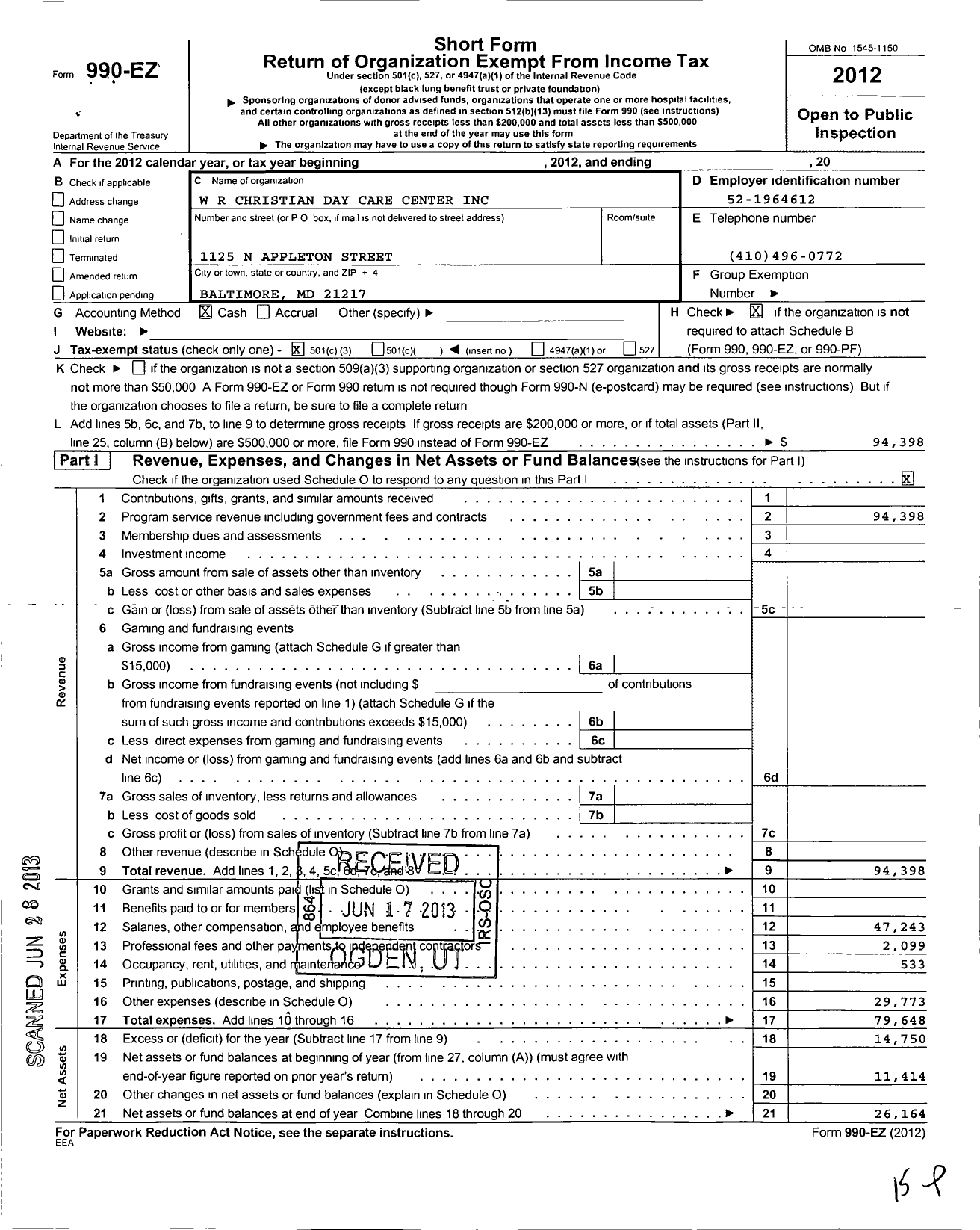 Image of first page of 2012 Form 990EZ for W R Christian Day Care Center