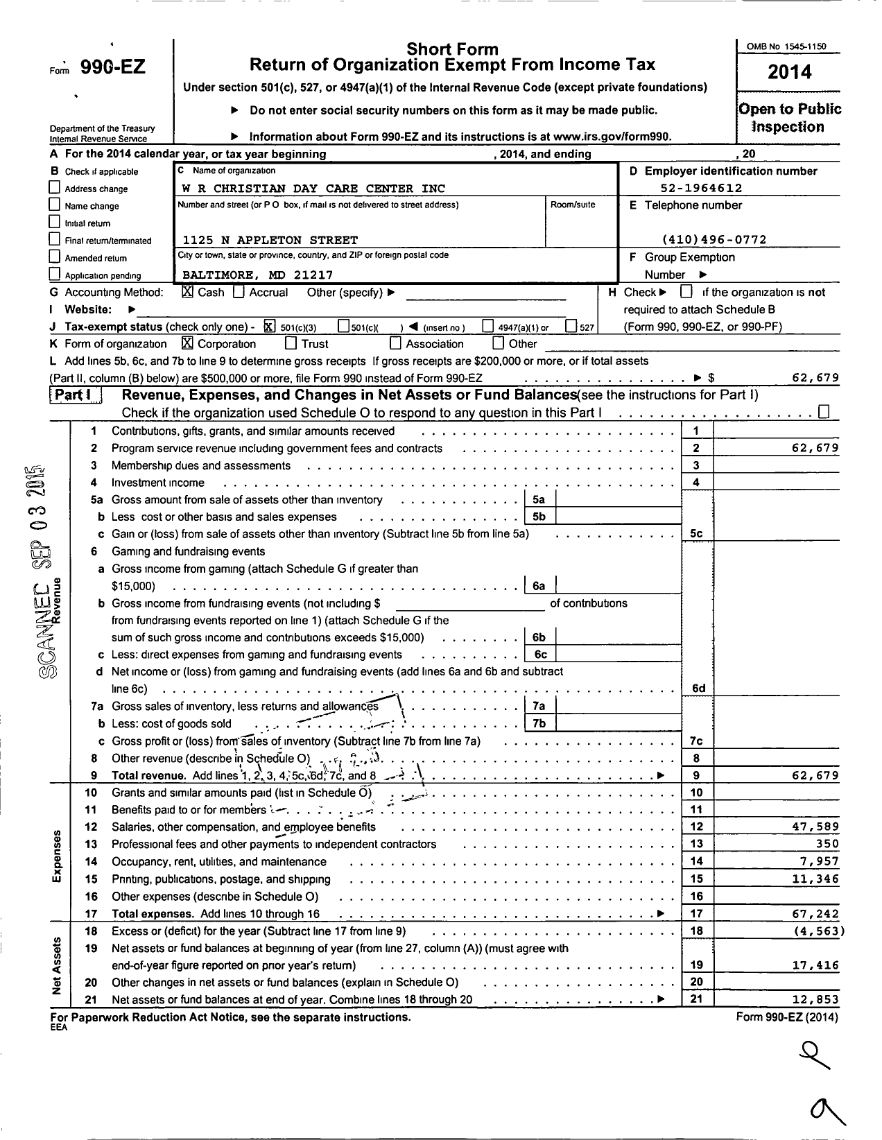 Image of first page of 2014 Form 990EZ for W R Christian Day Care Center