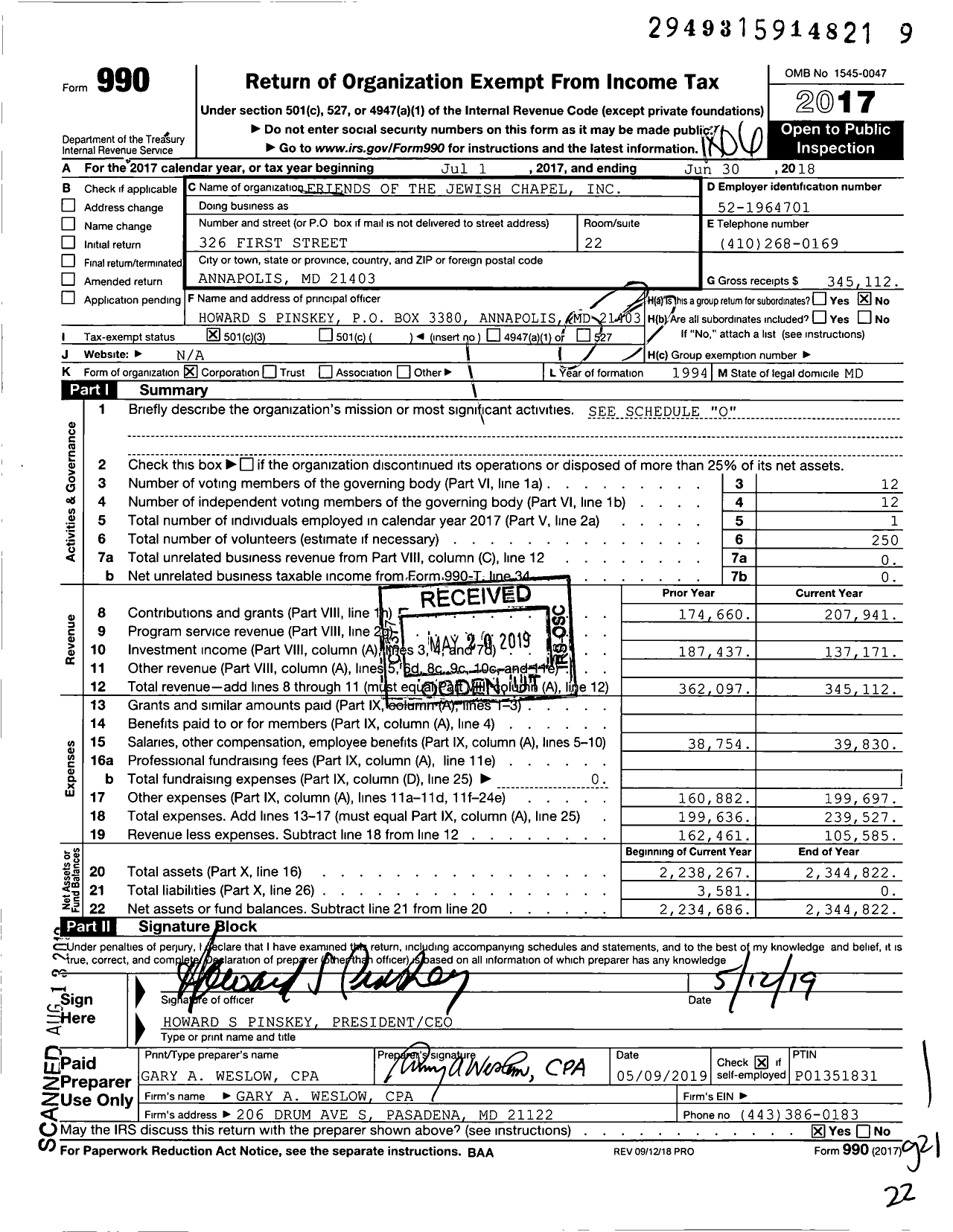 Image of first page of 2017 Form 990 for Friends of the Jewish Chapel