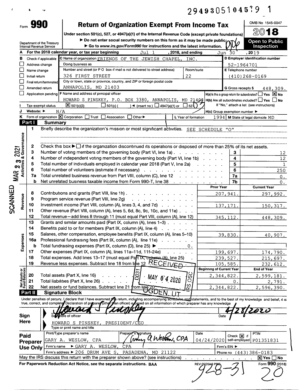 Image of first page of 2018 Form 990 for Friends of the Jewish Chapel