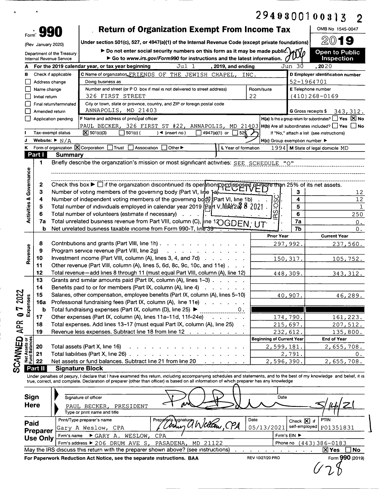 Image of first page of 2019 Form 990 for Friends of the Jewish Chapel