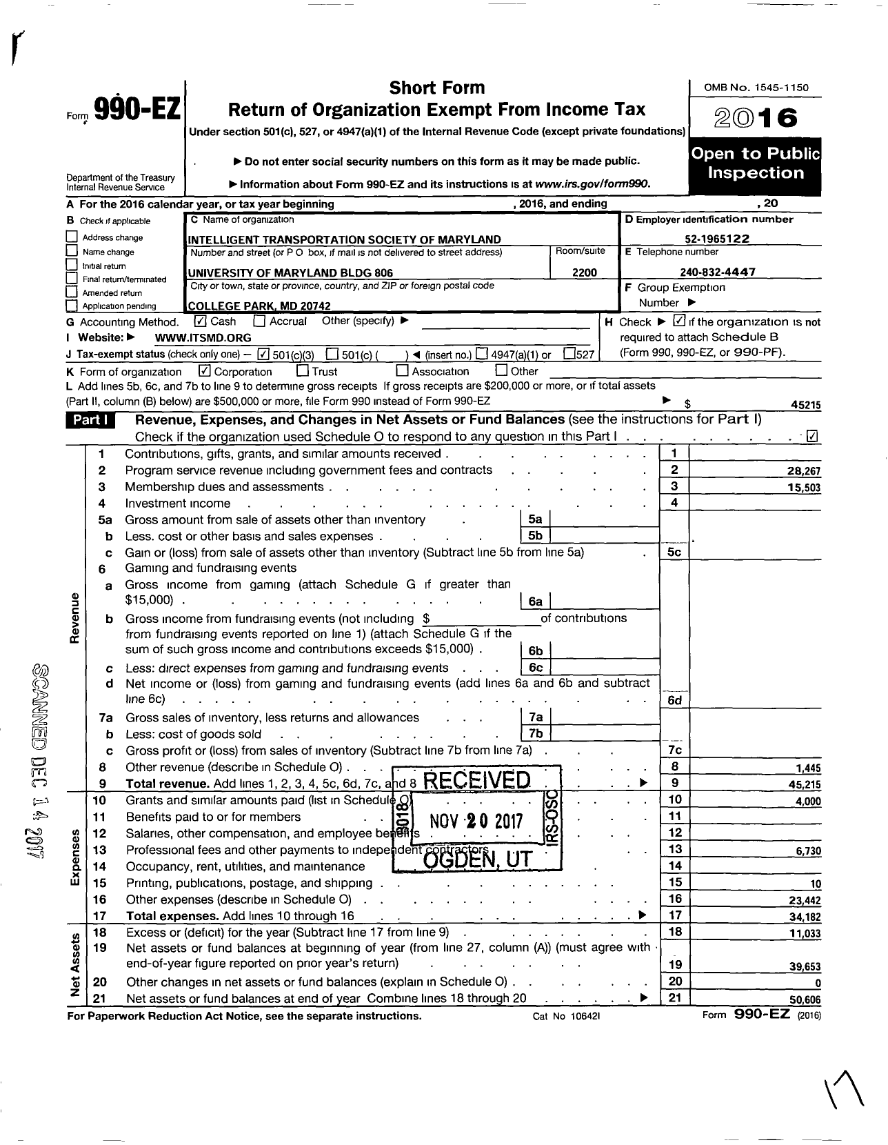 Image of first page of 2016 Form 990EZ for Intelligent Transportation Society of America Its America / Its Maryland Inc