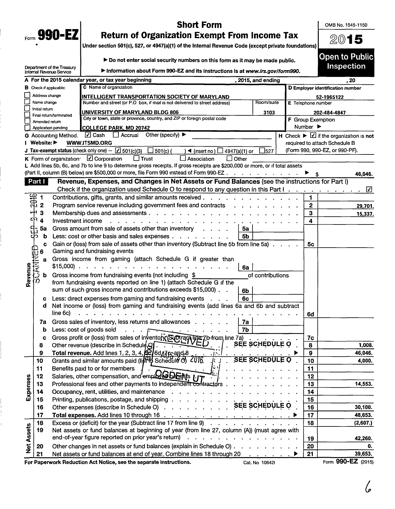 Image of first page of 2015 Form 990EZ for Intelligent Transportation Society of America Its America / Its Maryland Inc