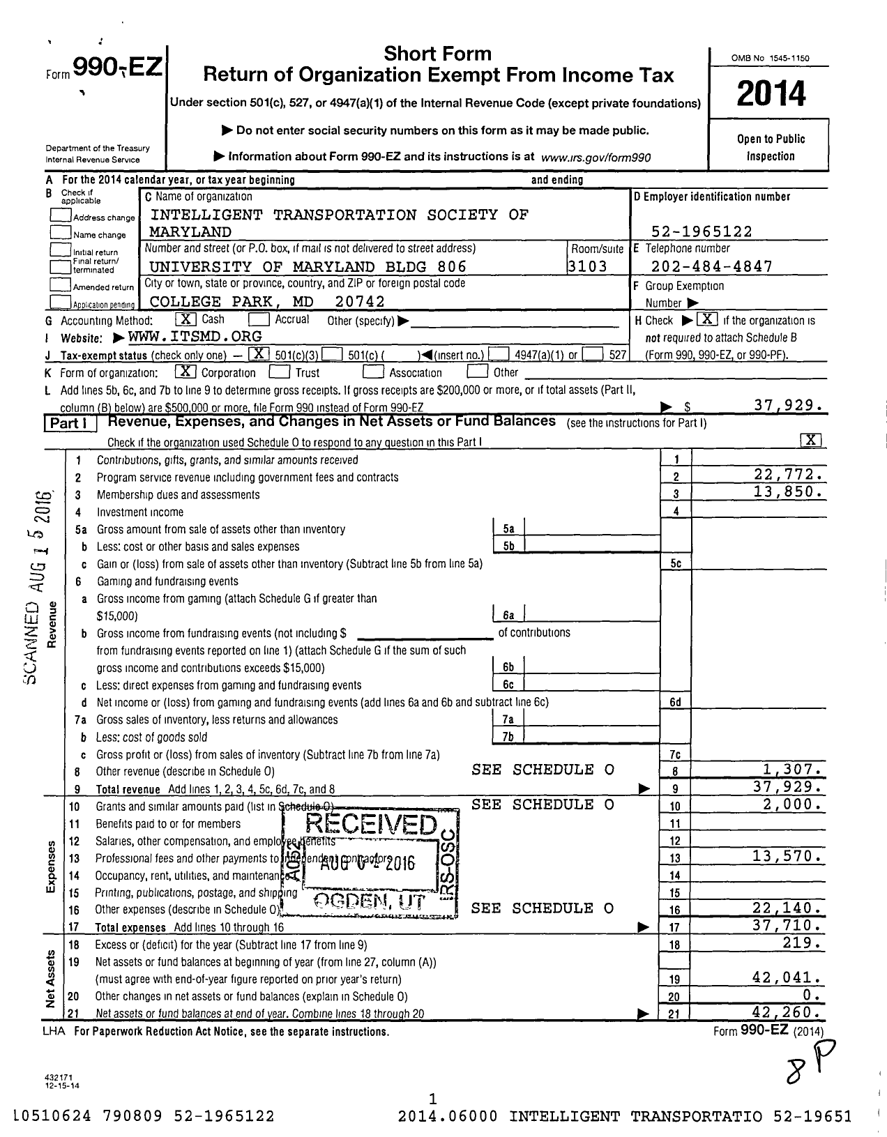 Image of first page of 2014 Form 990EZ for Intelligent Transportation Society of America Its America / Its Maryland Inc