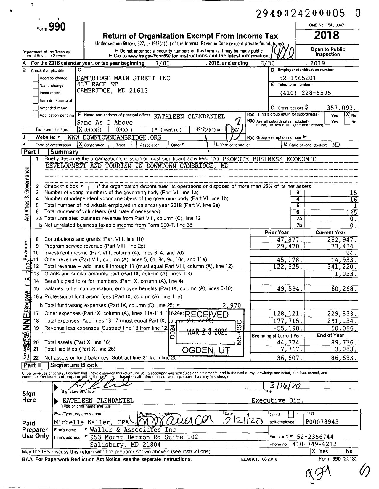 Image of first page of 2018 Form 990 for Cambridge Main Street