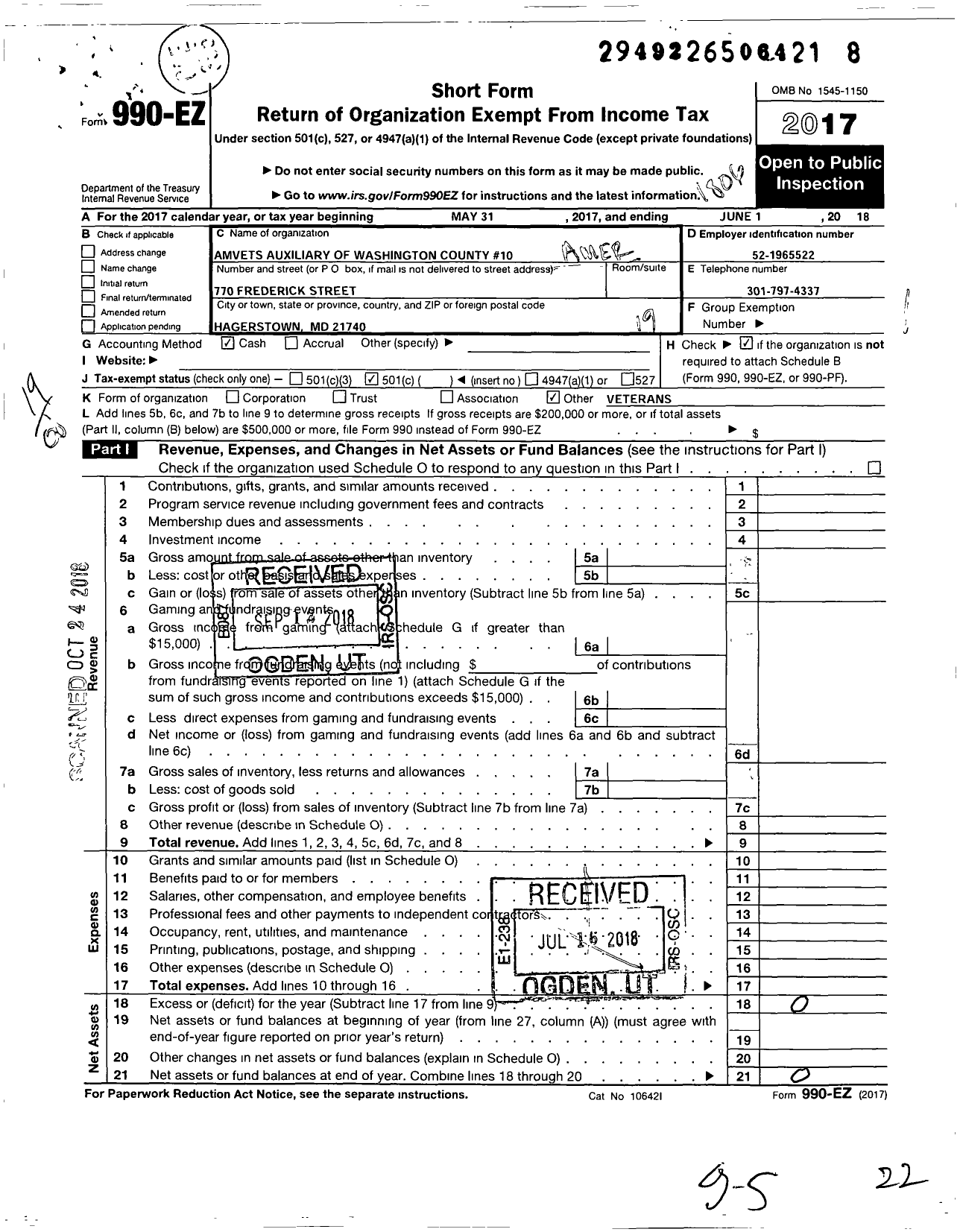 Image of first page of 2017 Form 990EO for Amvets - 10