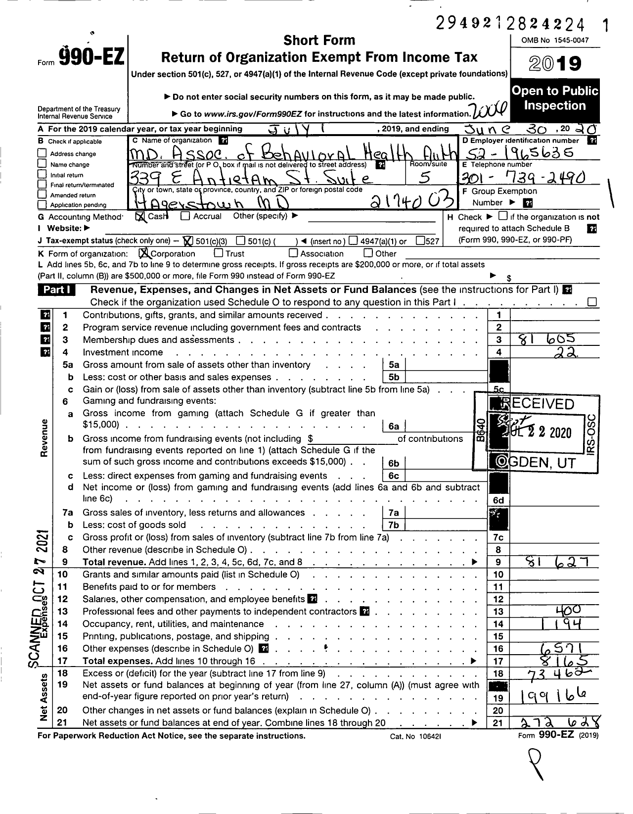 Image of first page of 2019 Form 990EZ for Maryland Association of Behavioral