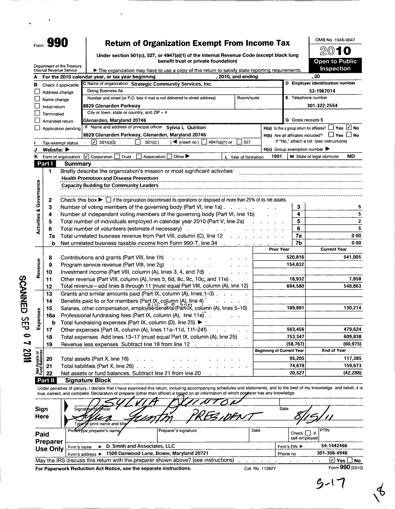 Image of first page of 2010 Form 990 for Strategic Community Services