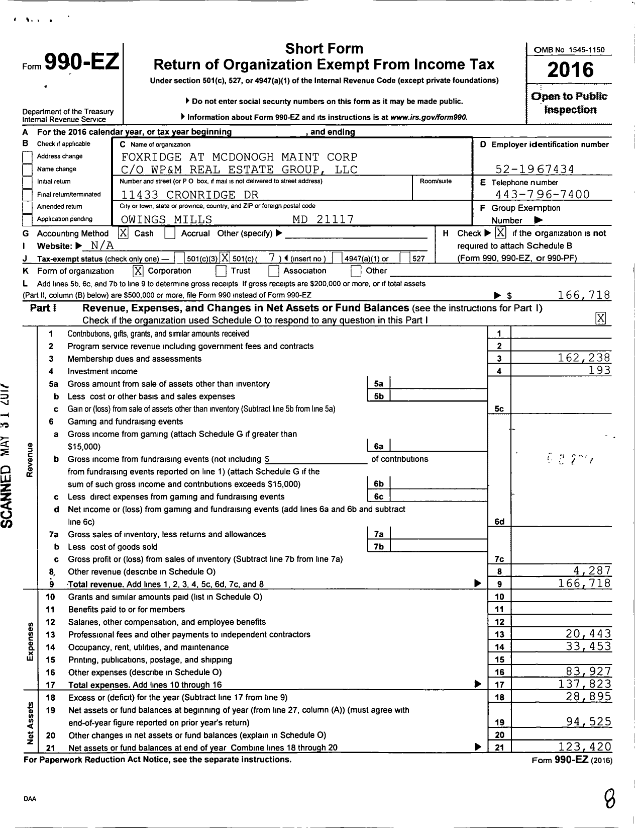 Image of first page of 2016 Form 990EO for Foxridge at Mcdonogh Maintenance Corporation