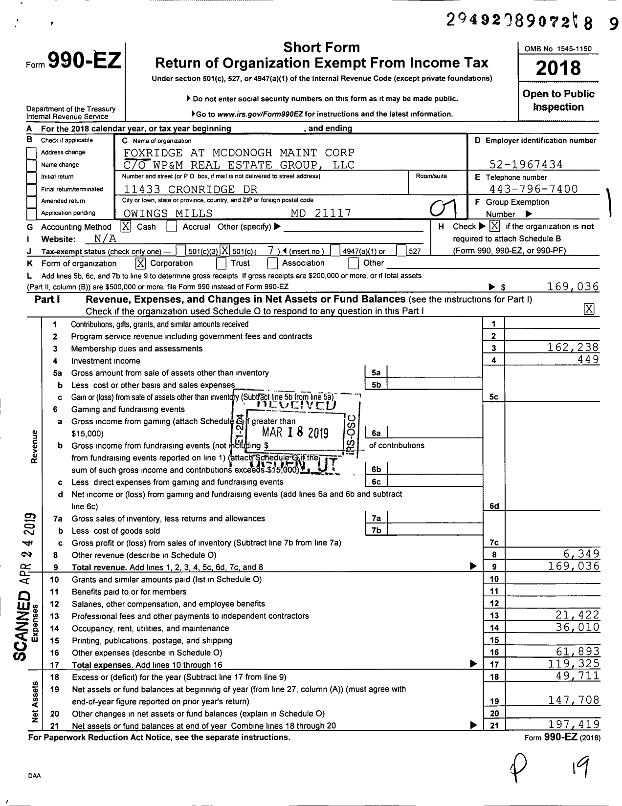 Image of first page of 2018 Form 990EO for Foxridge at Mcdonogh Maintenance Corporation