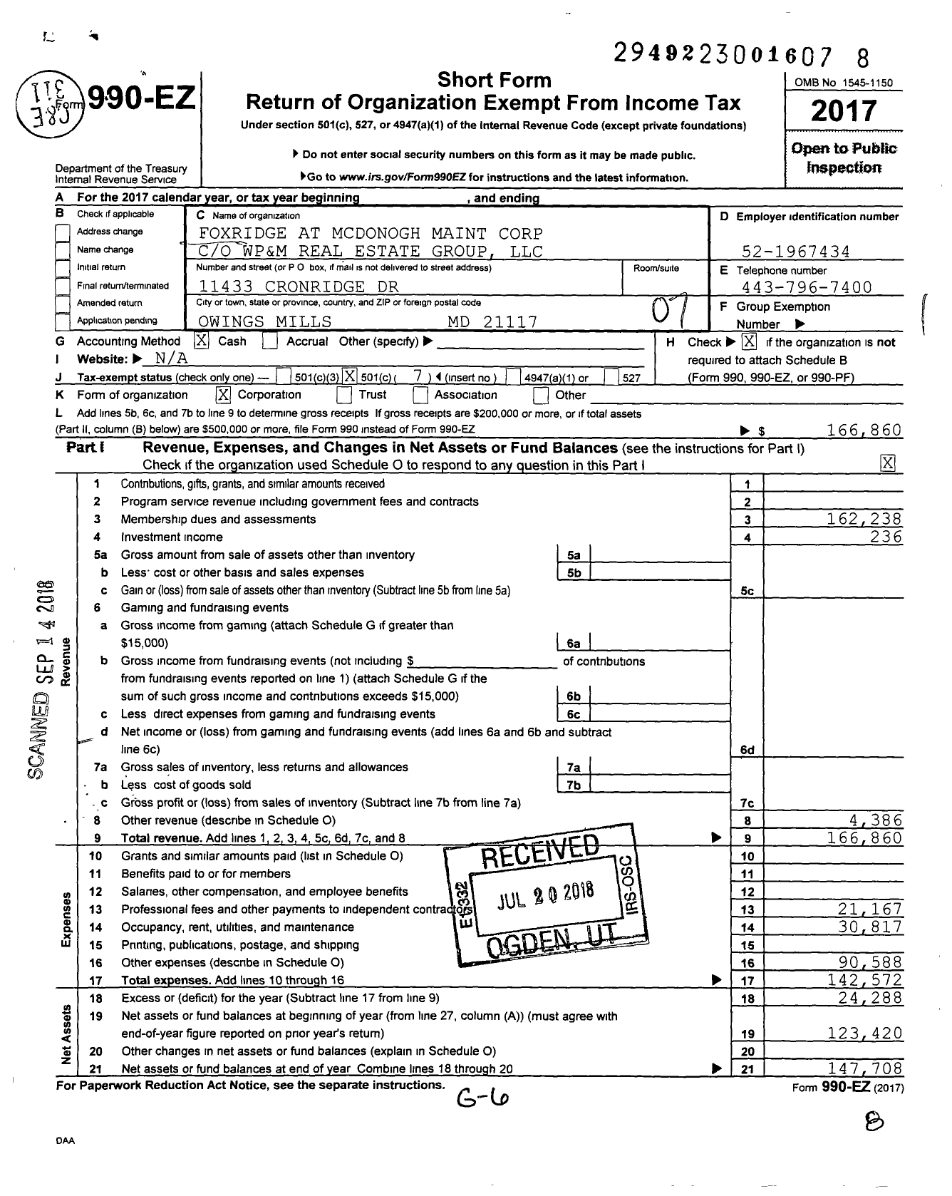 Image of first page of 2017 Form 990EO for Foxridge at Mcdonogh Maintenance Corporation