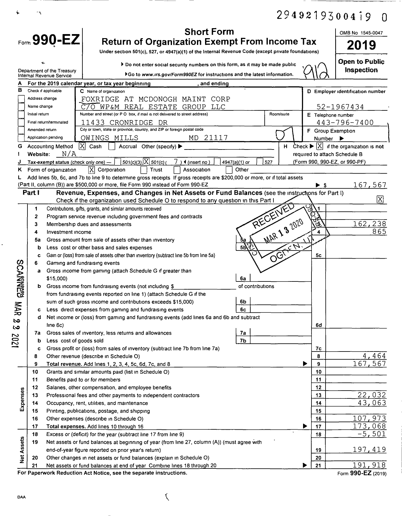 Image of first page of 2019 Form 990EO for Foxridge at Mcdonogh Maintenance Corporation