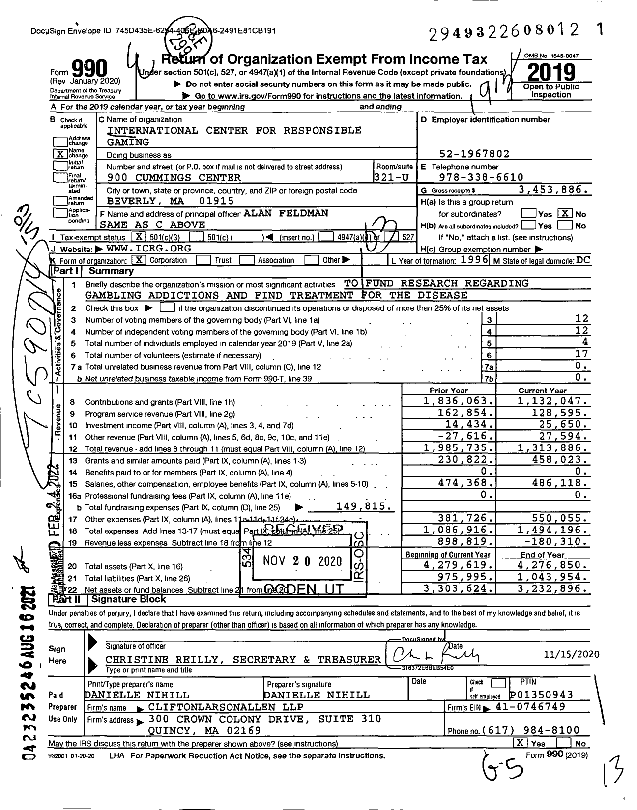 Image of first page of 2019 Form 990 for International Center for Responsible Gaming