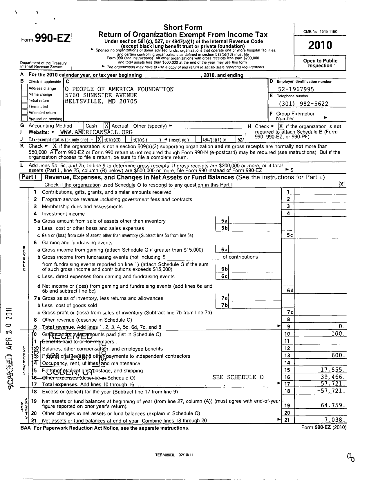 Image of first page of 2010 Form 990EZ for People of America Foundation