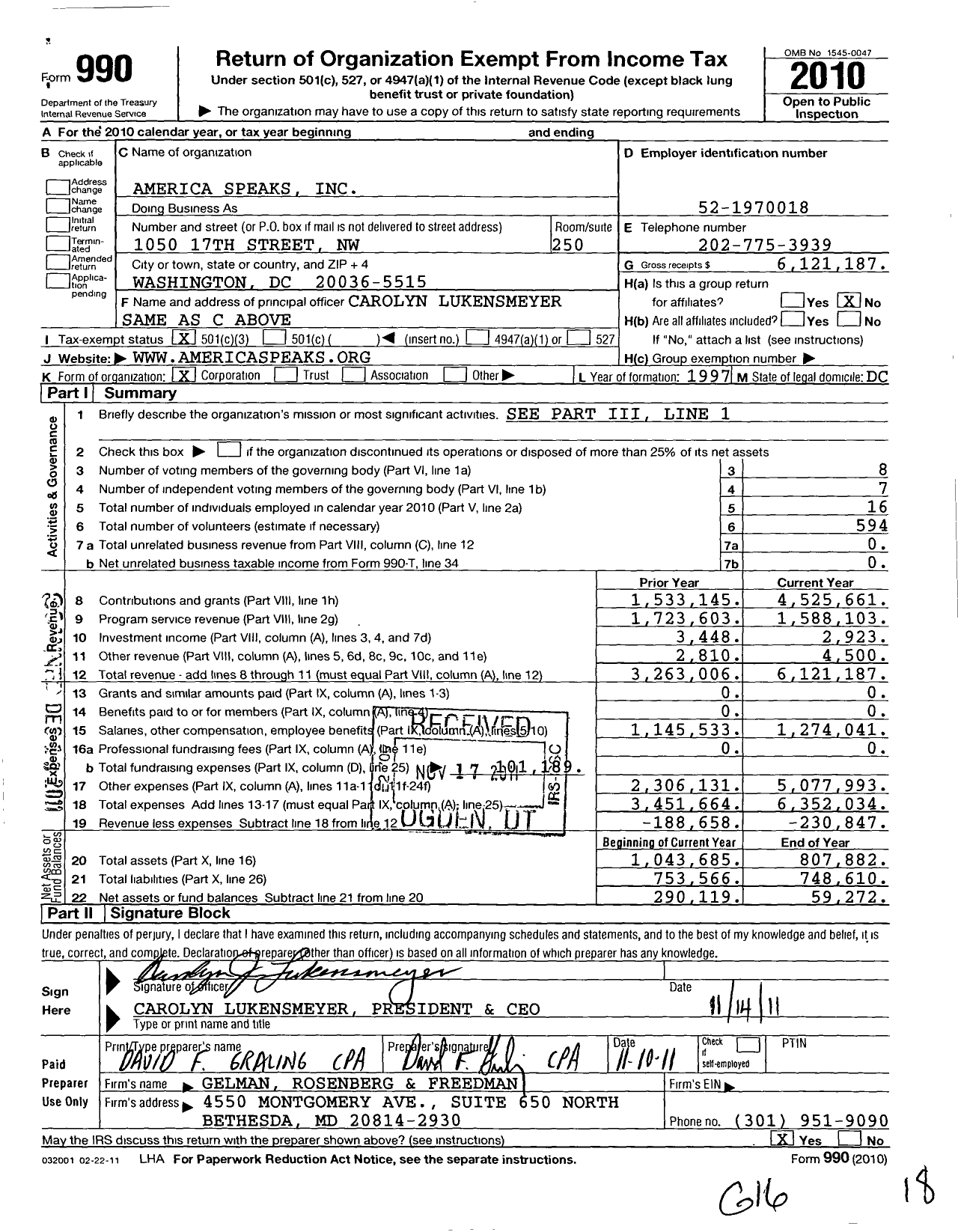 Image of first page of 2010 Form 990 for America Speaks