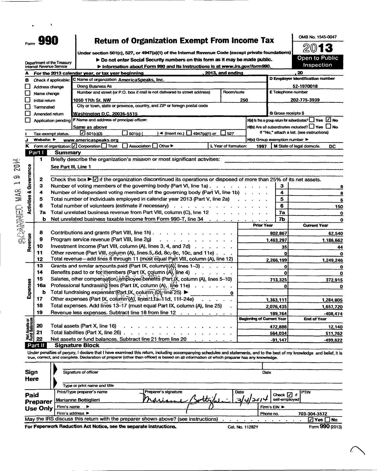 Image of first page of 2013 Form 990 for America Speaks