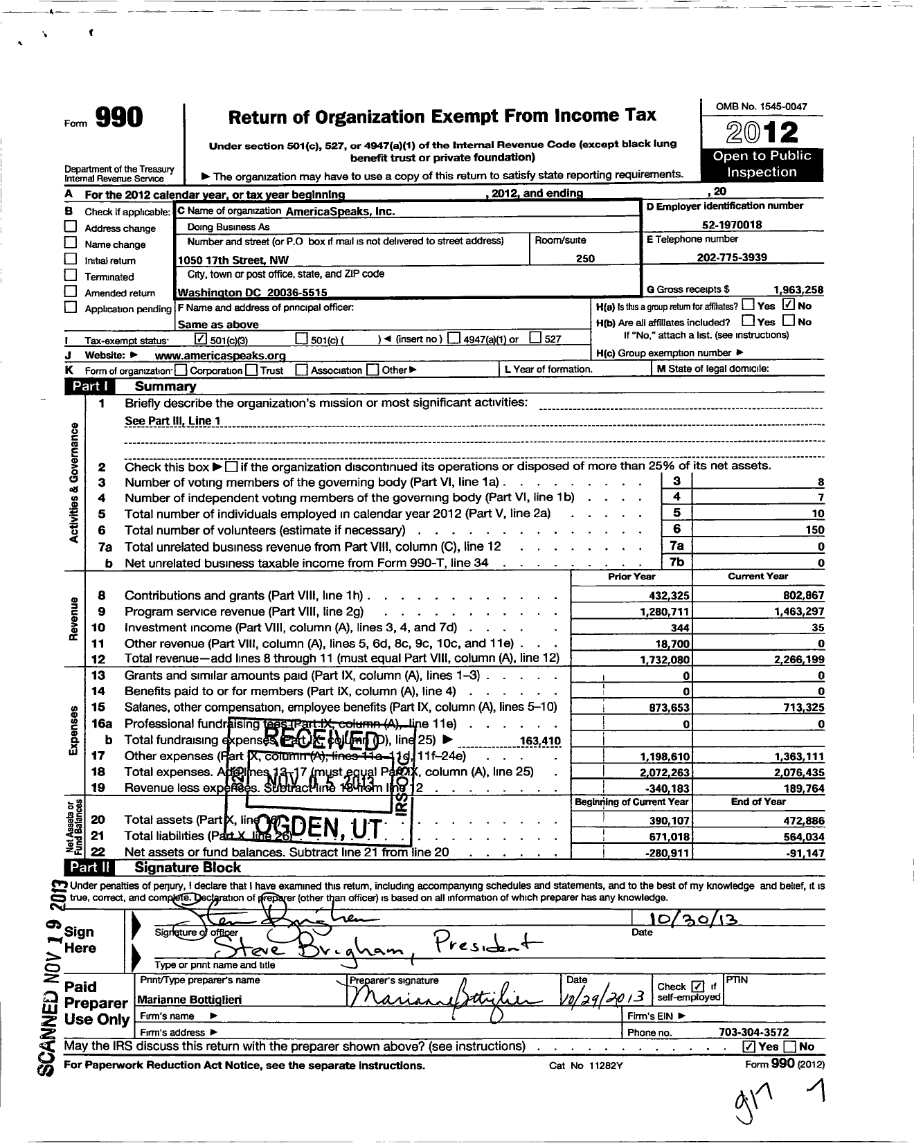 Image of first page of 2012 Form 990 for America Speaks