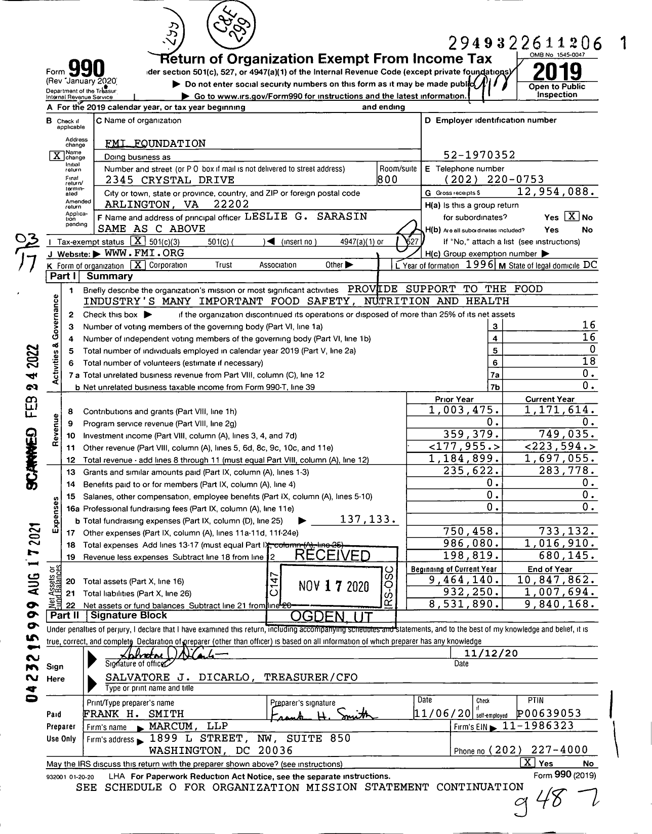 Image of first page of 2019 Form 990 for FMI Foundation (FMI)