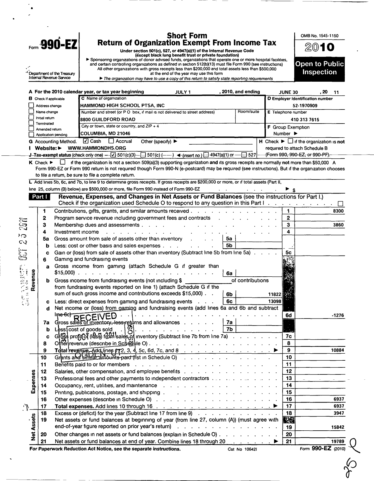 Image of first page of 2010 Form 990EZ for PTA Maryland Congress of Parent and Teachers / Hammond High School Ptsa