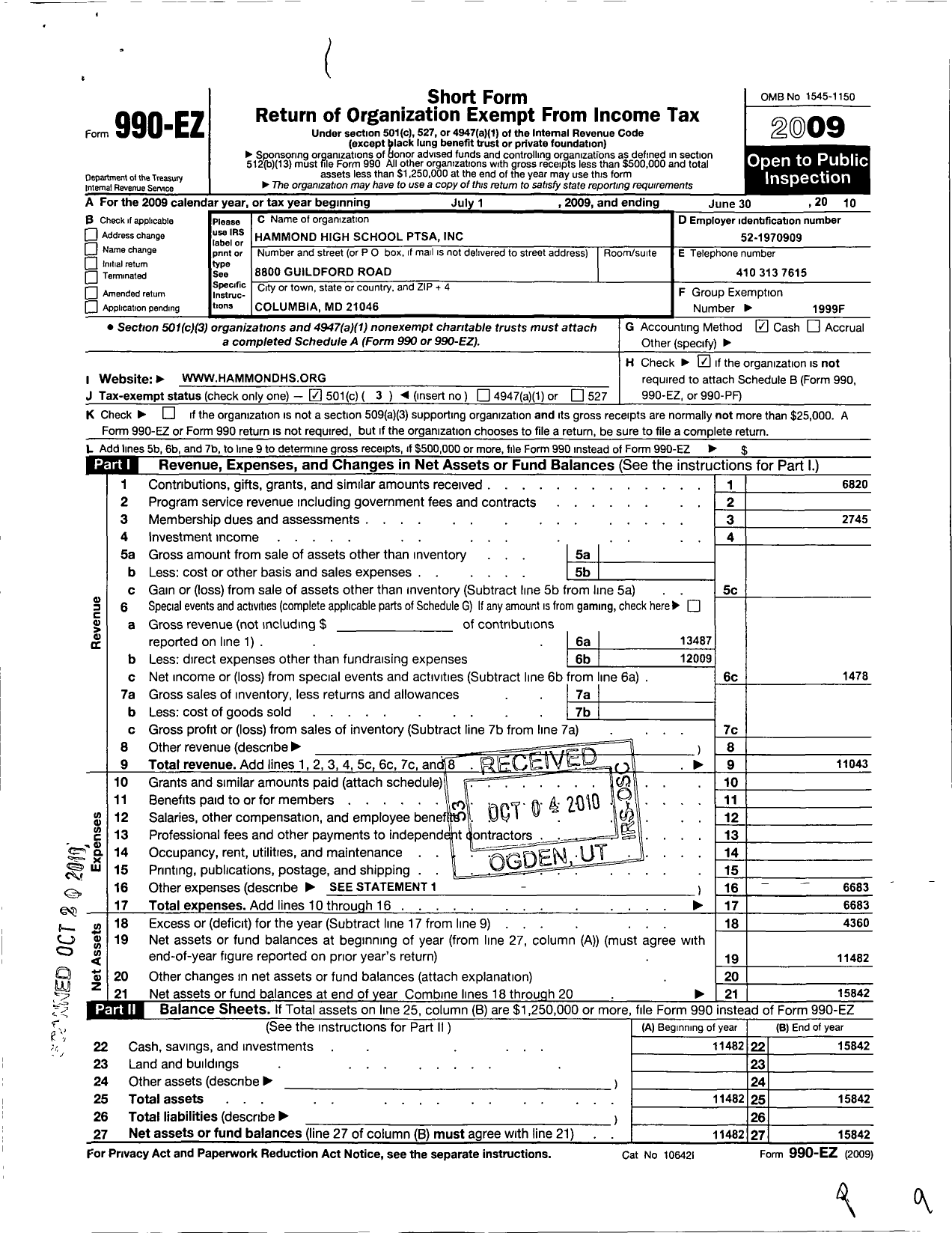 Image of first page of 2009 Form 990EZ for PTA Maryland Congress of Parent and Teachers / Hammond High School Ptsa