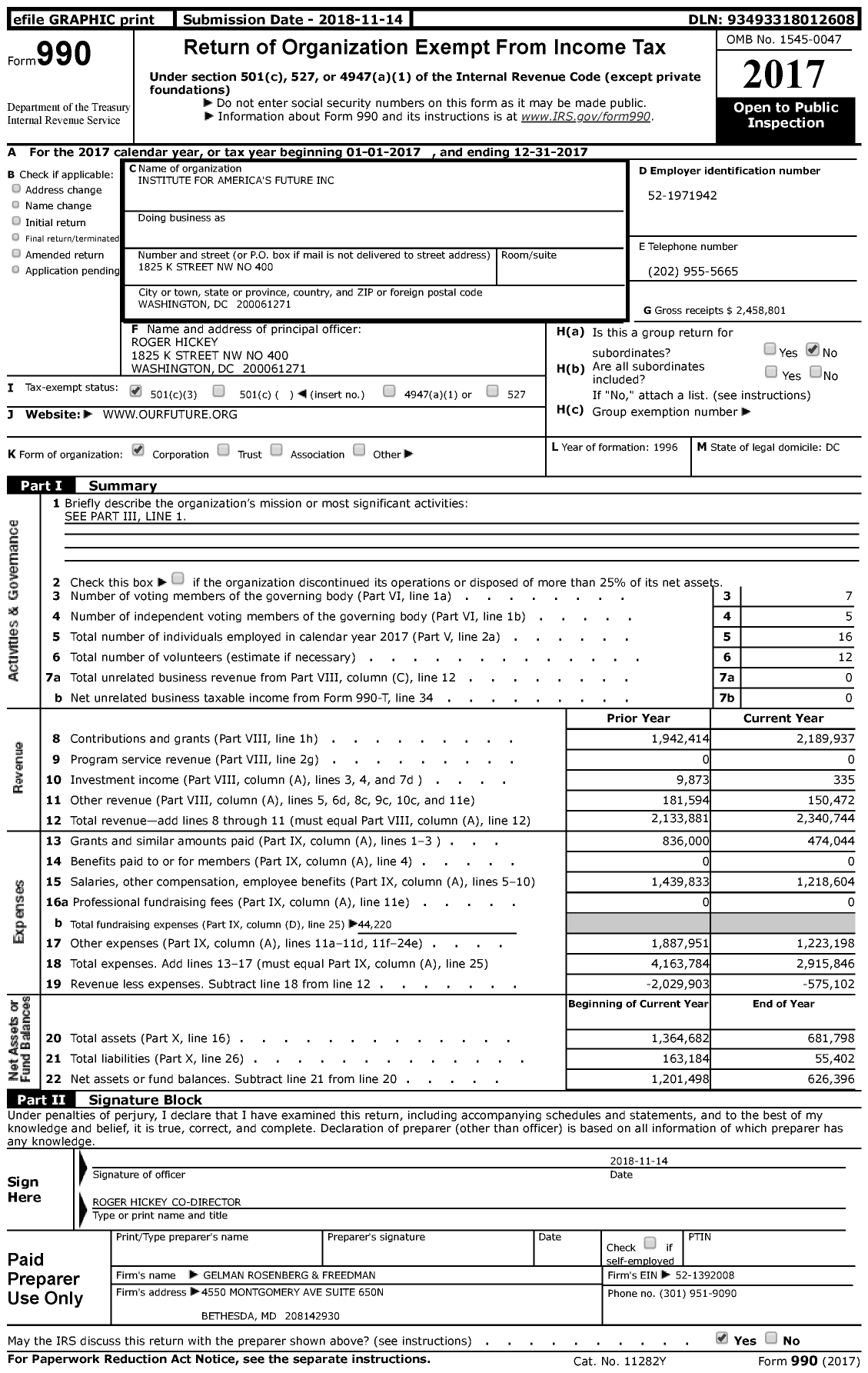 Image of first page of 2017 Form 990 for Institute for America's Future