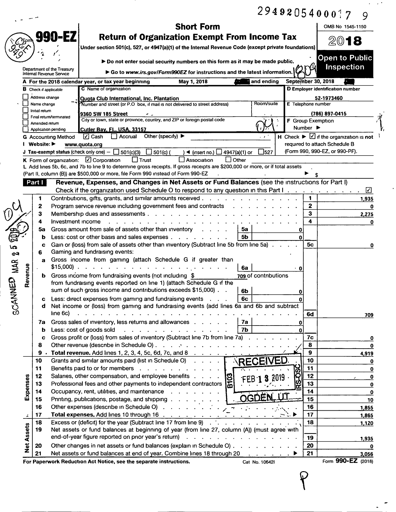 Image of first page of 2017 Form 990EO for Quota Club International / Plantation