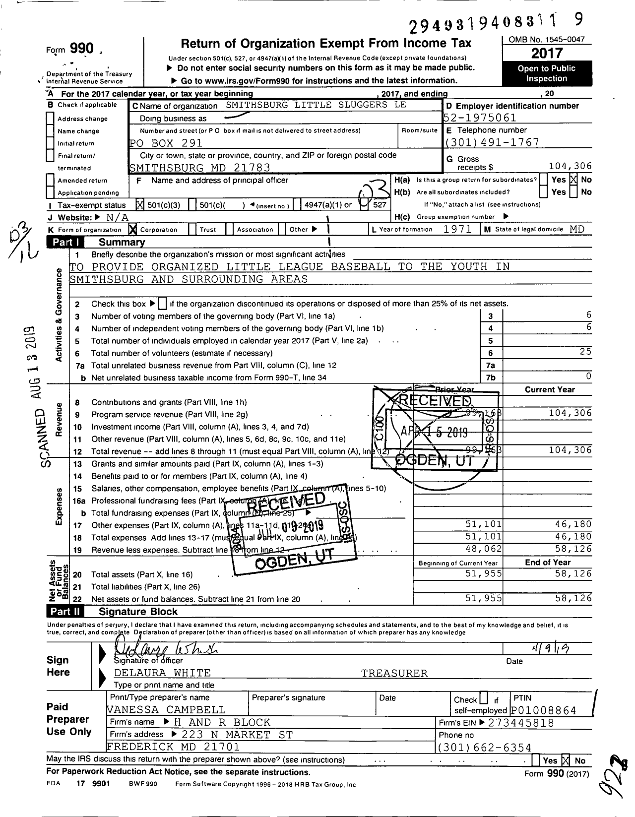 Image of first page of 2017 Form 990 for Smithsburg Little Sluggers League