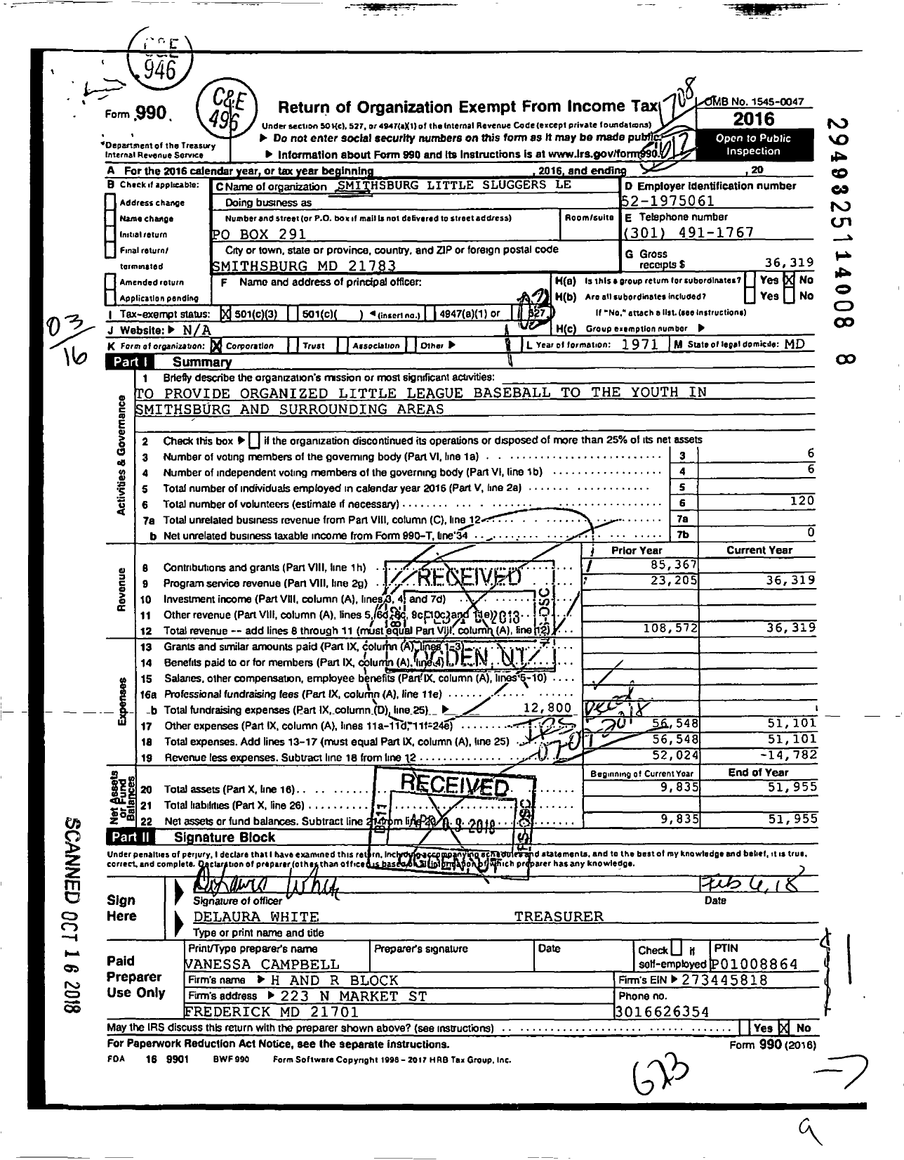 Image of first page of 2016 Form 990 for Smithsburg Little Sluggers League