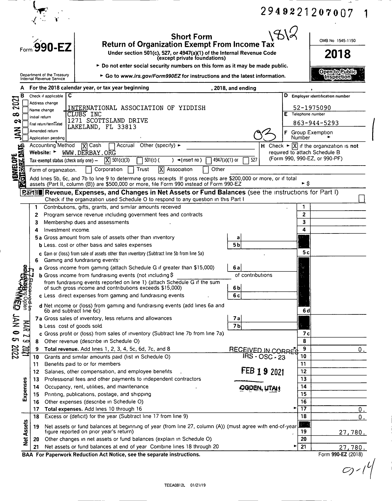 Image of first page of 2018 Form 990EZ for International Association of Yiddish Clubs