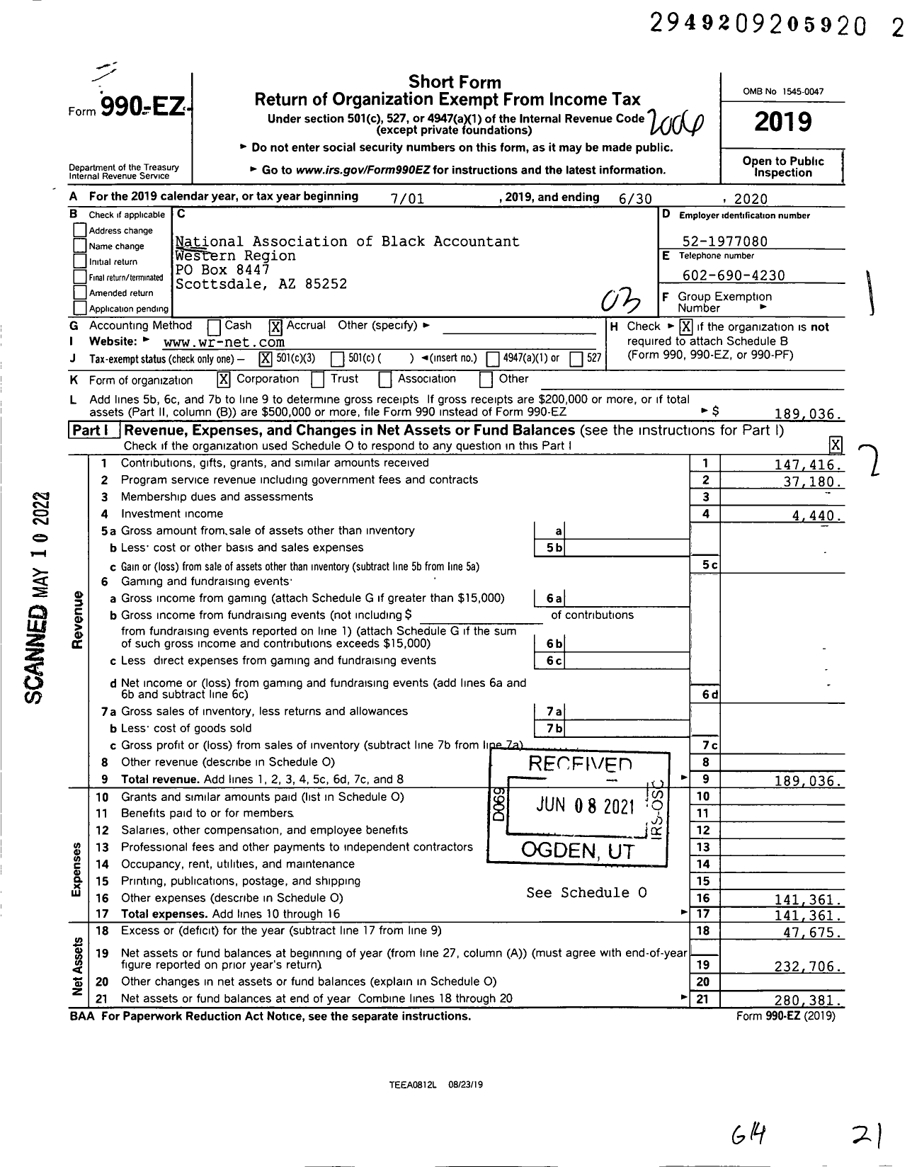 Image of first page of 2019 Form 990EZ for National Association of Black Accountant