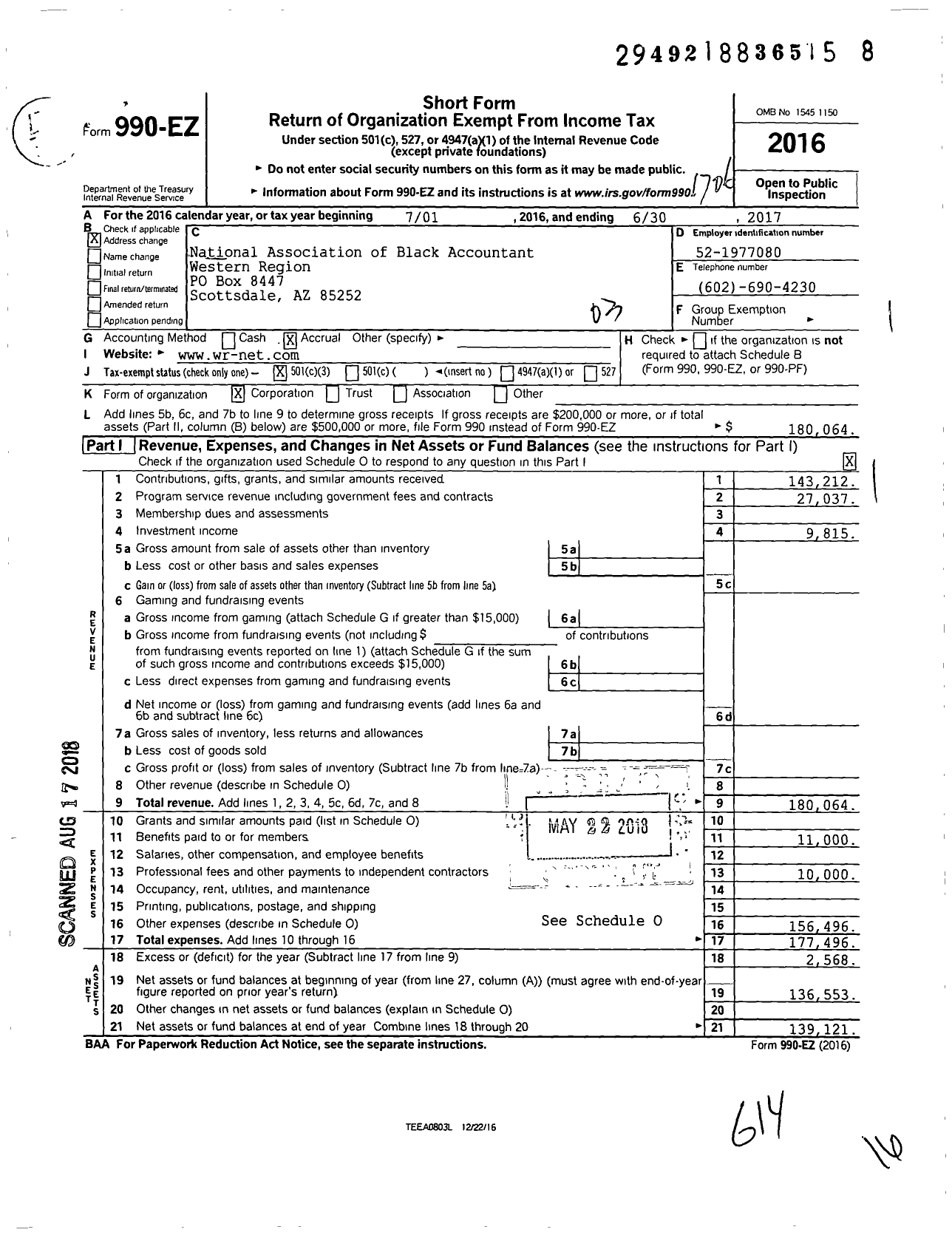 Image of first page of 2016 Form 990EZ for National Association of Black Accountant